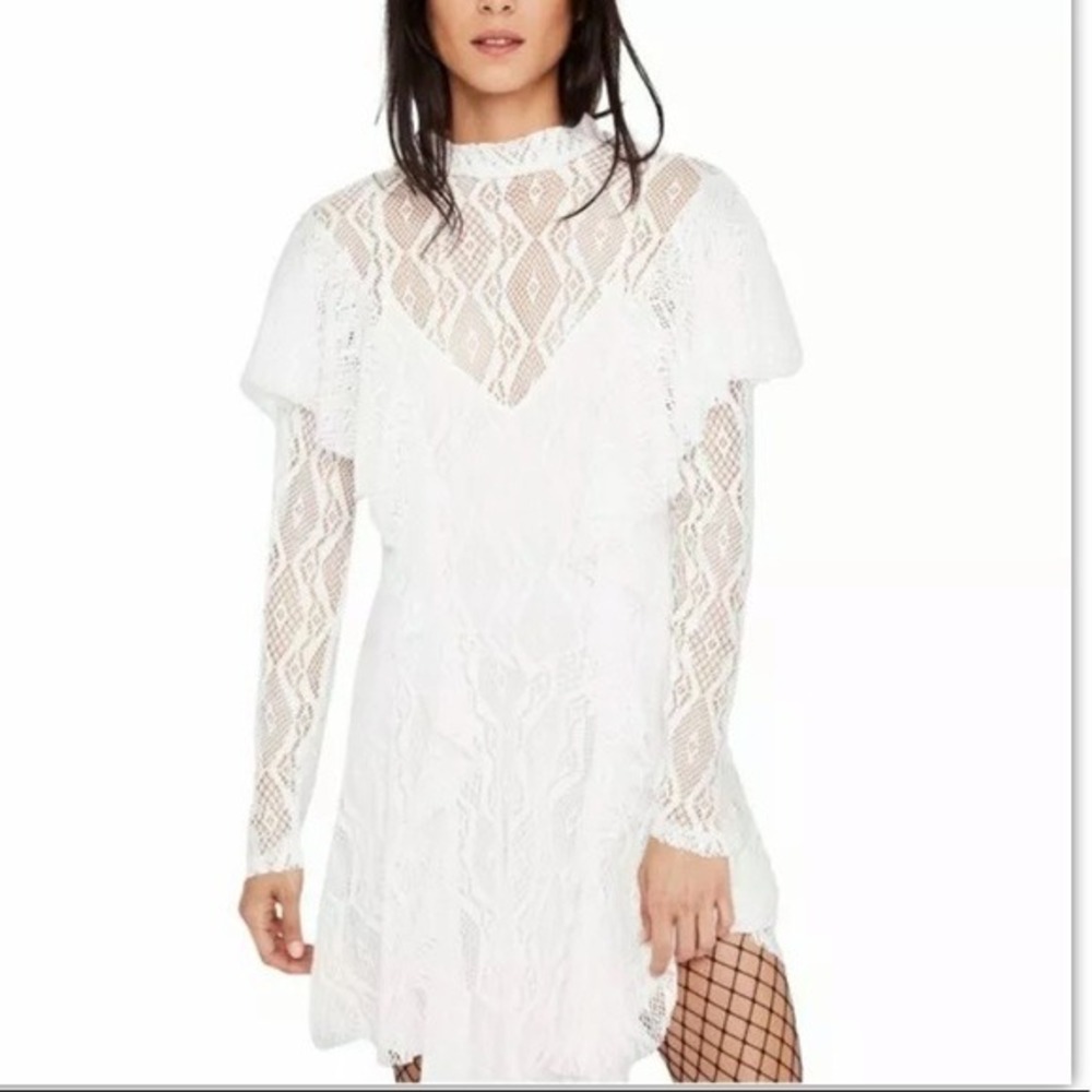 Free People Dress Womens Medium Ivory white‎ rock candy Lace Mock Neck Mini